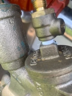 Close up of a brass test cock and elbow fitting on a green tinted backflow preventer body