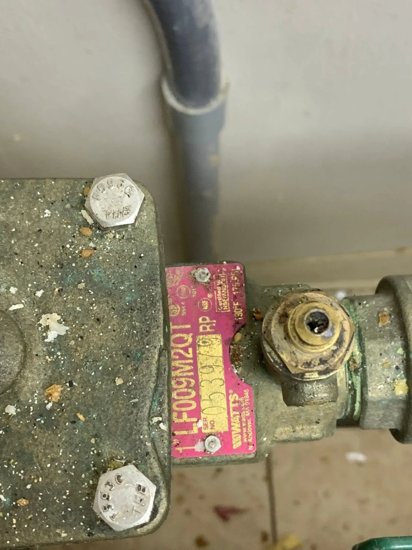 Pink Watts LF009M2QT nameplate with serial number on a one inch reduced pressure backflow preventer