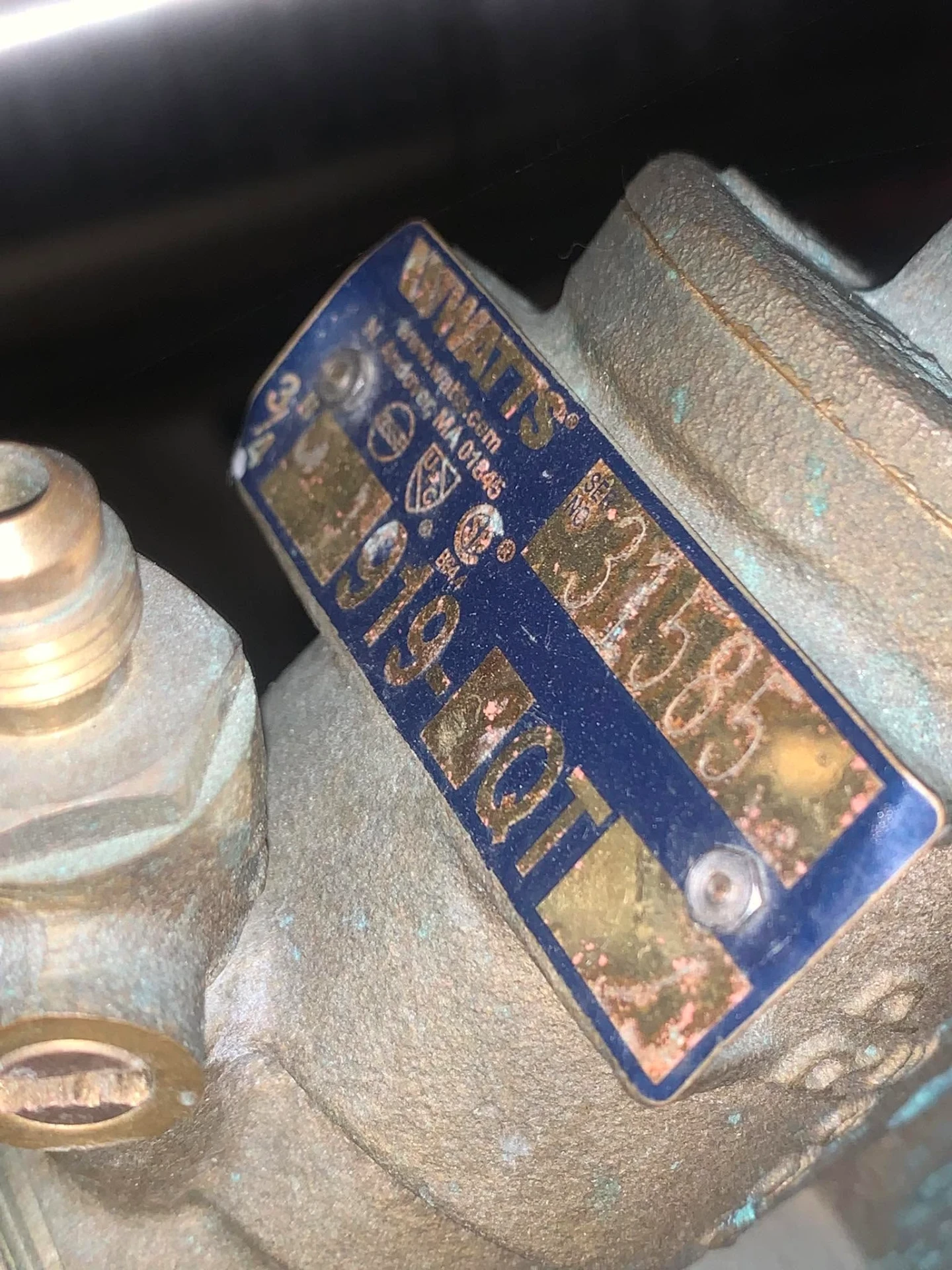 Weathered blue Watts backflow preventer nameplate with green oxidation on the brass body